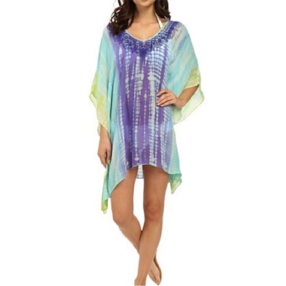 Trina Turk Nomad Purple Teal Green Tie-dye Beach Coverup Embroidered Tunic Large